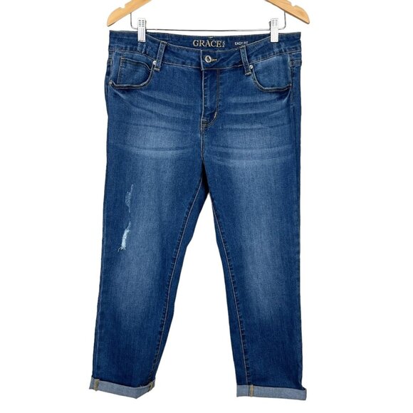 Grace In LA Easy Fit Jeans Womens 31 Blue Stretch Denim Distressed Cropped Capri - Picture 1 of 16